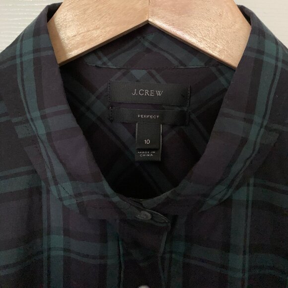 JCREW Green/Navy Tartan Plaid Perfect Long Sleeve Shirt | Size 10 - Picture 6 of 10